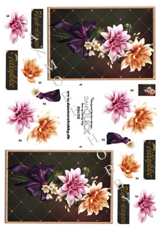 3D ark  Dan-design Buket blomster med lilla sløjfe og sort baggrund