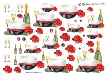 3D ark HM-design Rød studenterhue med champagne og roser