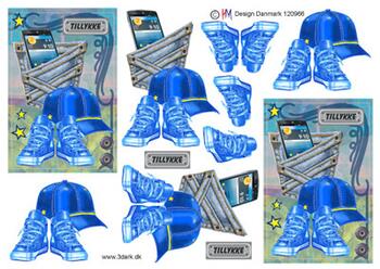 3D Hat, sko og mobil i baglomme i blå farver