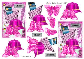 3D Hat, sko og mobil i baglomme i pink farver