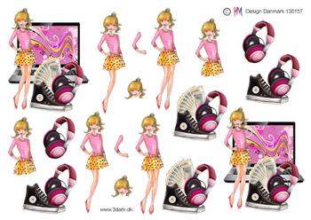 3D ark HM-design Konfirmand pige i gul og pink med computer, sko, høretelefoner og penge