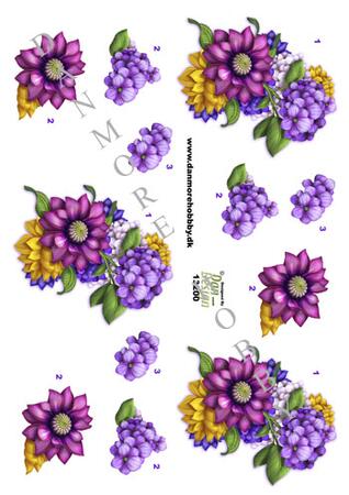 3D ark Dan-design blomster i gul, lilla og lyserød