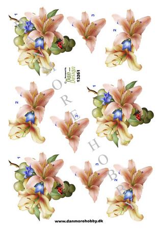 3D ark Dan-design Druer med lijler og blå blomster