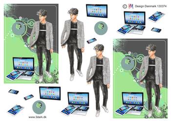 3D ark HM-design Konfirmations dreng i grå jakke og PC