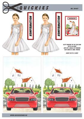 3D ark Quickes Konfirmations pige ved rød bil og kirke