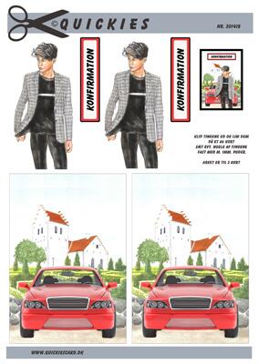 3D ark Quickies Konfirmations dreng ved rød bil og kirke