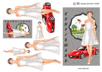 3D ark HM-design Telegram Konfirmations pige med rød sportsvogn i baggrunden