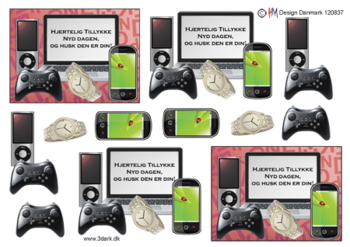 3D ark HM-design PC, ipod, mobil på rød baggrund