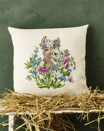Broderi pude, 40x40cm, Æsel i blomster