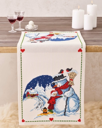 broderi juleløber, 36x83cm, Snemand får kram