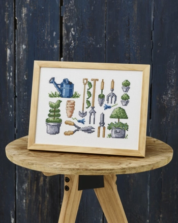 Broderi billede Buxbom og redskaber