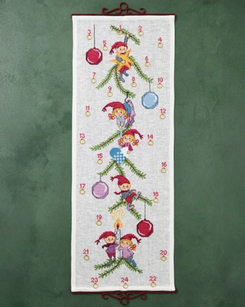 Julekalender broderi Nisser og julekugler, 35x95cm