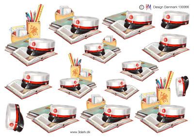 3D Rød studenterhue med bog og skriveredskaber