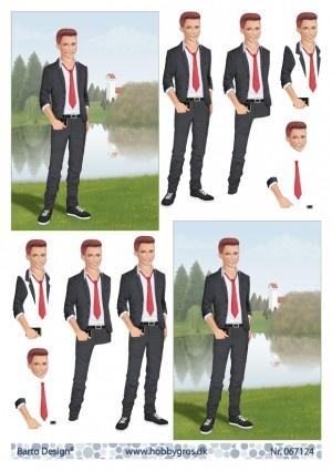 3D ark Barto Konfirmand dreng rødt hår foran sø og kirke*