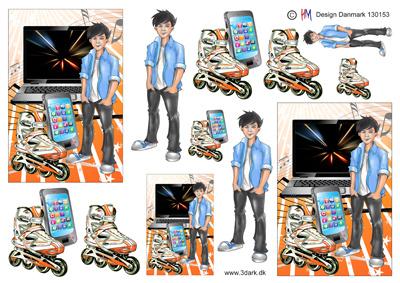3D Konfirmand dreng med pc, telefon og rulleskøjter