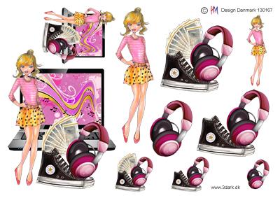 3D ark HM-design Konfirmandinde gul og pink og med høretelefoner, penge og sko A5