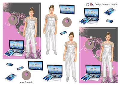 3D ark HM-design Konfirmations pige i buksedragt og PC