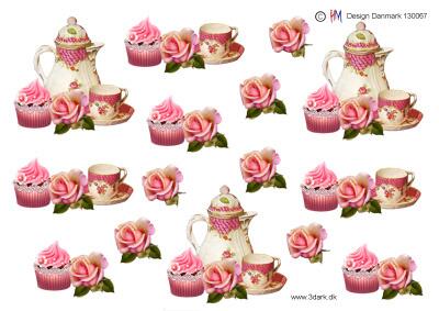 3D ark HM-design Roser ved cupcake, kaffekop og kaffekande