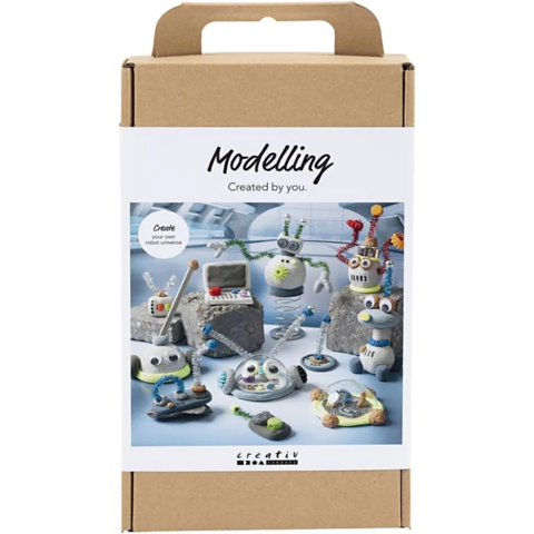 DIY Kit Modellering, Robot, i Stone Clay og Silk Clay, Blå, Grå, Rød, Forsølvet