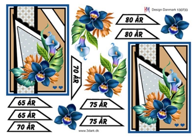 3D ark HM-design Fødselsdagskort 65 - 80år, blå blomster