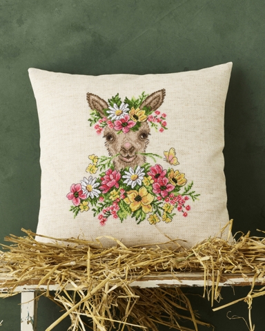 Broderi pude, 40x40cm, Alpaka i blomster