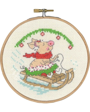 broderi juleophæng, Ø13cm, Gris på kælk