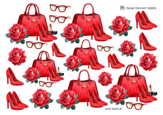 3D ark HM-design Rød dametaske, sko, briller og rose