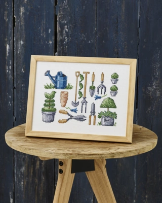 Broderi billede Buxbom og redskaber