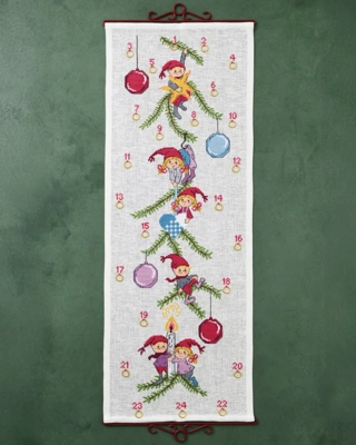 Julekalender broderi Nisser og julekugler, 35x95cm