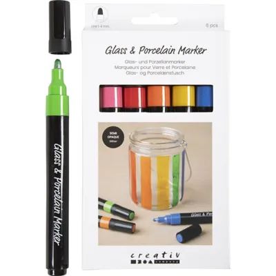 Glas- og Porcelænstusch 6stk. glitterfarver, streg 1-4 mm, halvdækkende