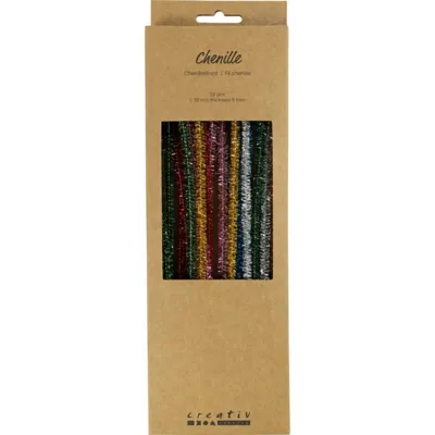 Chenille, 24stk., L: 30cm, 6mm, glitter, stærke farver