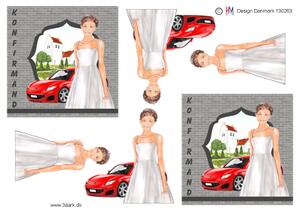 3D ark HM-design pige i hvid kjole ved bil