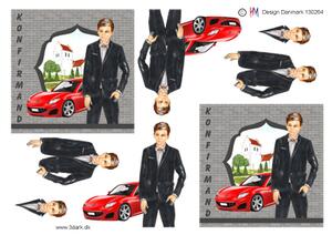 3D ark HM-design dreng i sort jakkesæt ved bil