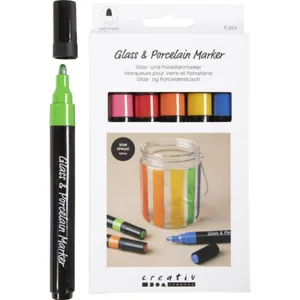Glas- og Porcelænstusch 6stk. glitterfarver, streg 1-4 mm, halvdækkende