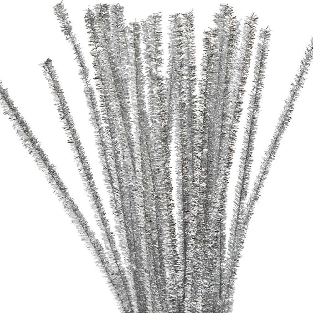 Chenille glitter sølv, 30cm x 6mm, 24stk.